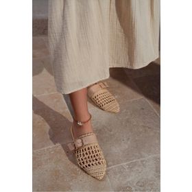 Nişantaşı Shoes Best Bej Örgü Kemer Detay Düz Taban Kadın Terlik