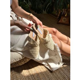 Nişantaşı Shoes Laila Bej Örgü Çapraz Bant Detay Kadın Terlik