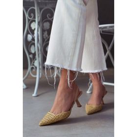 Nişantaşı Shoes Ponnie Bej Hasır Sivri Burun Kadın Topuklu Ayakkabı
