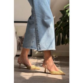 Nişantaşı Shoes Ponnie Bej Hasır Sivri Burun Kadın Topuklu Ayakkabı