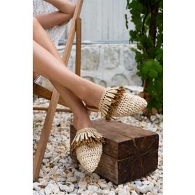 Nişantaşı Shoes Viana Taba Örgü Taba Bej Püskül Detaylı Kadın Terlik