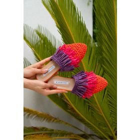 Nişantaşı Shoes Viana Turuncu Örgü Mor Fuşya Püskül Detaylı Kadın Terlik