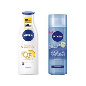 Nivea 200 ml Aqua Sensation Canlandırıcı Yüz Temizleme Jeli + Q10 250 ml Sıkılaştırıcı Vücut Losyonu