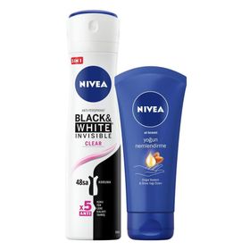 Nivea Black & White Invisible Clear Antiperspirant Ter Önleyici Leke Yapmayan Kadın Sprey Deodorant 150 ml + El Kremi 75 ml