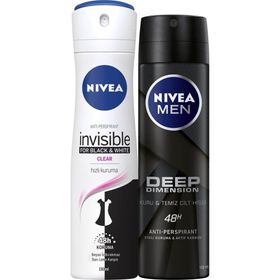 Nivea Black&White Clear Kadın Deodorant Sprey 150 ml+Deep Dimension Erkek Deodorant 150 ml 2'li Paket