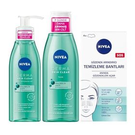 NIVEA Derma Skin Clear Sivilce Karşıtı Yüz Temizleme Jeli Tonik ve T-Bölgesi ve Siyah Nokta Temizleyici Bant