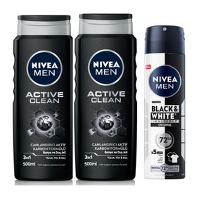 Nivea Men Active Clean 500 ml Duş Jeli ve Men Black White Invisible 150 ml Erkek Sprey Deodorant