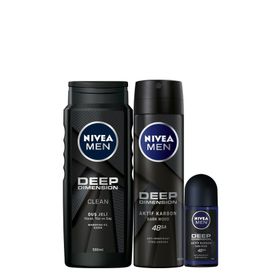 Nivea Men Deep Dimension Clean 500 ml Duş Jeli + Deep Dimension Aktif Karbon 150 ml Sprey Deodorant + Deep Dimension Aktif Karbon 50 ml Roll-on Deodorant