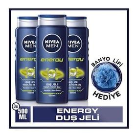 Nivea Men Energy 3x500 ml Duş Jeli Vücut Yüz Ve Saç Şampuanı + Banyo Lifi