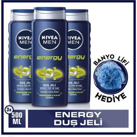 Nivea Men Energy 3x500 ml Duş Jeli Vücut Yüz Ve Saç Şampuanı + Banyo Lifi