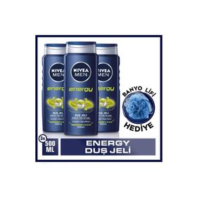 Nivea Men Energy 3x500 ml Duş Jeli Vücut Yüz Ve Saç Şampuanı + Banyo Lifi