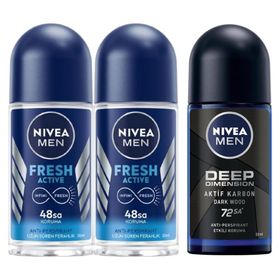 Nivea Men Fresh Active 2x50 ml ve Deep Dimension 50 ml Erkek Roll On Deodorant