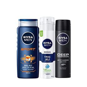 Nivea Men Sport 500 ml Şampuan + 200 ml Hassas Tıraş Jeli + Deep Dimension Sprey Deodorant