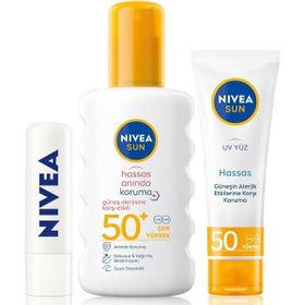 Nıvea Sun Hassas Güneş Koruyucu Kişisel Bakım SETI,SPF50+ 50 ml Yüz Güneş Kremi Dudak Bakım Kremi