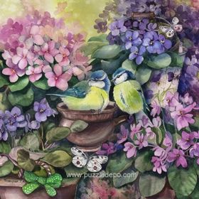 Nova Puzzle 1000 Parça Menekşeler Arasında Kuş Yuvası (Suluboya)