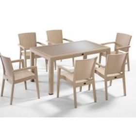 Novussi 6 Kişilik Cappucino Rattan Efektli Camlı Masa Takımı + 6 Koltuk