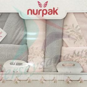 Nurpak Begonvil Nakışlı 10 Parça Gri-Pudra Aile Bornoz Seti