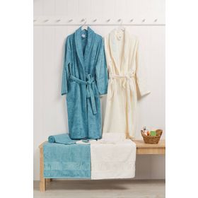 Nurpak Beyaz Turkuaz Bamboo Aile Bornoz Seti