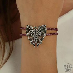 Nusret Takı 925 Ayar Gümüş Garnet Taşlı Kelebek Bileklik