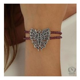 Nusret Takı 925 Ayar Gümüş Garnet Taşlı Kelebek Bileklik