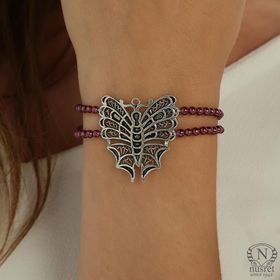 Nusret Takı 925 Ayar Gümüş Garnet Taşlı Kelebek Bileklik