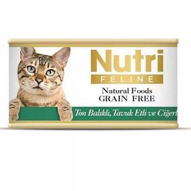 Nutri Feline 85 gr 6 Adet Kıyılmış Ton Balıklı Ciğerli ve Tavuk Etli Tahılsız Yetişkin Kedi Konservesi