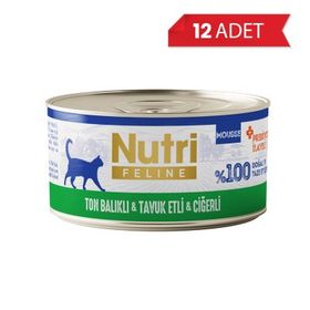Nutri Feline Mousse Ton Balıklı Tavuk Etli ve Ciğerli 12x70 gr Prebiyotikli Kedi Konservesi