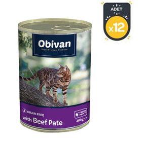 Obivan 12x400 gr Tahılsız Sığır Etli Ezme Yetişkin Kedi Konservesi
