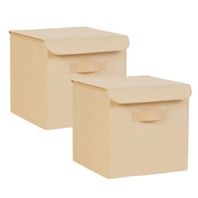 Ocean Home Textile 30x30x30 cm 2'li Bej Balıksırtı Kapaklı Kutu Set