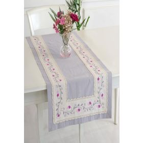 Ödel Home 50x130 cm Gri Buldan Kumaşı Çiçekli İpek İşlemeli Runner