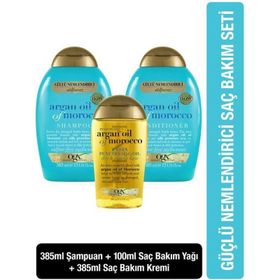 OGX Argan Oil of Morocco 385 ml Nemlendirici Sülfatsız Şampuan + Argan Oil of Morocco 385 ml Saç Kremi + Argan Oil of Morocco 100 ml Saç Bakım Yağı
