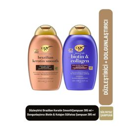 OGX Brazilian Keratin Smooth 385 ml Şampuan + Dolgunlaştırıcı Biotin ve Kolajen Sülfatsız 385 ml Şampuan