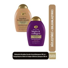 OGX Brazilian Keratin Smooth 385 ml Şampuan + Dolgunlaştırıcı Biotin ve Kolajen Sülfatsız 385 ml Şampuan