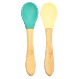 Oioi Bambu Saplı Silikon Yeşil-Sarı 2'li Mama Kaşığı