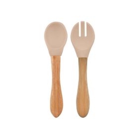 Oioi Bubble Beige Bambu Saplı Silikon Mama Kaşığı ve Çatal
