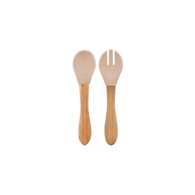 Oioi Bubble Beige Bambu Saplı Silikon Mama Kaşığı ve Çatal