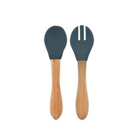 Oioi Deep Blue Bambu Saplı Silikon Mama Kaşığı ve Çatal