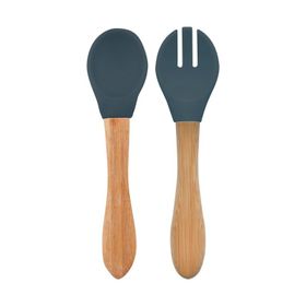 Oioi Deep Blue Bambu Saplı Silikon Mama Kaşığı ve Çatal