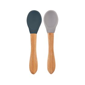 Oioi Deep Blue-Powder Grey Bambu Saplı Silikon 2'li Mama Kaşığı