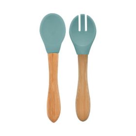 Oioi Mineral Blue Aqua Green Bambu Saplı Silikon Mama Kaşığı ve Çatal