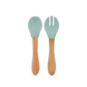 Oioi Mineral Blue Aqua Green Bambu Saplı Silikon Mama Kaşığı ve Çatal