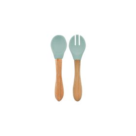 Oioi Mineral Blue Aqua Green Bambu Saplı Silikon Mama Kaşığı ve Çatal