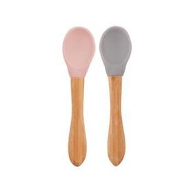 Oioi Pinky Pink-Powder Grey Bambu Saplı Silikon 2'li Mama Kaşığı