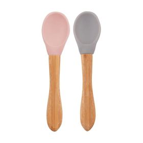 Oioi Pinky Pink-Powder Grey Bambu Saplı Silikon 2'li Mama Kaşığı