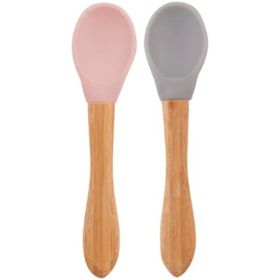 Oioi Pinky Pink-Powder Grey Bambu Saplı Silikon 2'li Mama Kaşığı