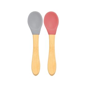 Oioi Velvet Rose-Powder Grey Bambu Saplı Silikon 2'li Mama Kaşığı