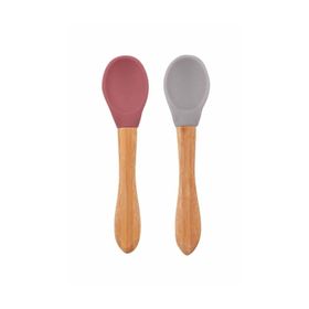 Oioi Velvet Rose-Powder Grey Bambu Saplı Silikon 2'li Mama Kaşığı