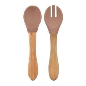 Oioi Woody Brown Bambu Saplı Silikon Mama Kaşığı ve Çatal