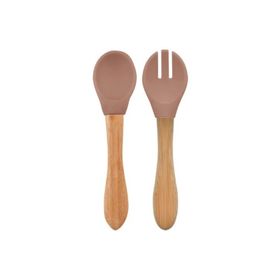 Oioi Woody Brown Bambu Saplı Silikon Mama Kaşığı ve Çatal