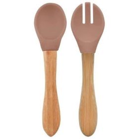 Oioi Woody Brown Bambu Saplı Silikon Mama Kaşığı ve Çatal